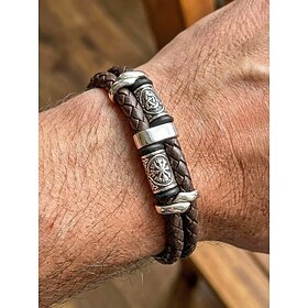 Men's Viking Braided Bracelet Faux Leather Alloy Wristband, Multi-Color Nordic Rune Cuff for Casual Wear, Biker Style, Outdoor Fashion, Gift for Him