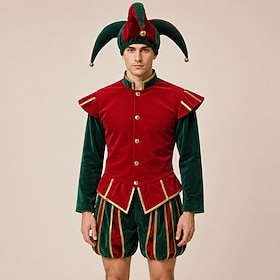 Conjunto Retro Antiguo Medieval Renacimiento Abrigo Pantalones Sombreros Larga bufón Disfraz Hombre Fantasía Navidad Víspera de Todos los Santos Carnaval Fiest