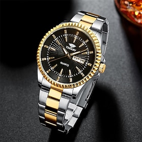 TERANV Men's Quartz Watch Stainless Steel Case Date Display Calendar Luxury Business Casual Dress Gold Tone Silver Tone Analog Display Wristwatch for Men Chris