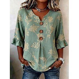Women's Shirt Patchwork Buttons Print Floral Graphic Vintage Stylish Short Sleeve 3/4 Length Sleeve V Neck Regular Tops Casual Daily Holiday Blue Light Green P