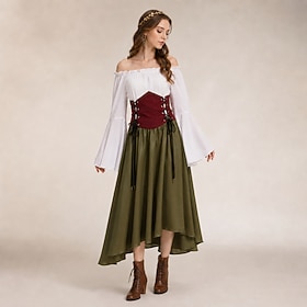 Set Retrò Vintage Medievale Rinascimento Asimmetrico Gonna Blusa / Camicia Lunghe Arciere Fata Ranger Corsetto Costume Per donna Fantasia Halloween Ca