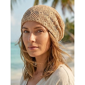 Cappello estivo da donna all'uncinetto, in poliestere traforato, cappello da sole bohémien pieghevole, ideale per vacanze al mare, per attività casual