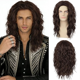 Mens Brown Curly Wig 70s 80s Long Wavy Synthetic Hair Wigs for Rocker Costume Party Cosplay Halloween or Fun