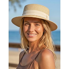 Cappello da donna in paglia a tesa piatta, con finiture in perle, ideale per l'estate, disponibile in vari colori, elegante cappello da spiaggia a tes