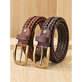 Men's Handcrafted Braided Leather Belt Adjustable Waist Genuine Leather Woven Belt for Casual Business Travel Vacation Black Brown Coffee Color