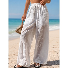 Per donna Gamba larga Chinos Vacanza Lunghezza intera Vita Alta Floreale Coulisse Tessuto Traspirante Vacanza Bianco Estate Primavera Vestibilità como