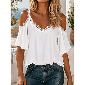 Women's Blouse Lace Tops Lace Trim Plain Elegant Stylish Short Sleeve V Neck Regular Tops Casual Daily Holiday White Black Summer Spring