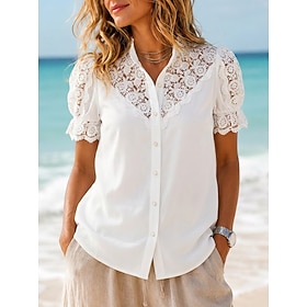 Mujer Top de empalme de encaje Retazos Ribete de encaje Elegante Manga Corta Escote Chino Casual Festivos Blanco Verano Primavera