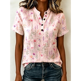 Women's Blouse Floral Graphic Elegant Vacation Vintage Short Sleeve Henry Collar Regular Tops Casual Blue Pink Summer Spring