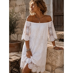 Women's Knee Length Dress Lace Dress Elegant Vacation Regular Pure Color Half Sleeve Off Shoulder White Summer Spring