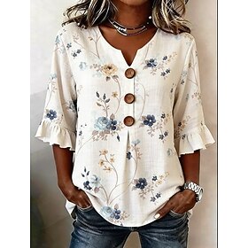 Women's Shirt Buttons Print Floral Graphic Vintage Stylish 3/4 Length Sleeve V Neck Regular Tops Casual Daily Holiday Blue White Summer Spring