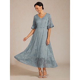 Women's Midi Dress A Line Dress Elegant Flutter Sleeve Daily Vacation Wedding Guest Lace up Ruffle Regular Floral Short Sleeve V Neck Sky gray