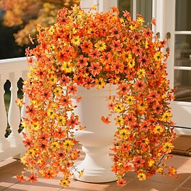 4 Pcs Fall Artificial Hanging Mums Flowers for Outdoor Fake Plants Decoration, Faux Silk UV Resistant Thanksgiving Halloween No Fade Plants for Front Door Gard