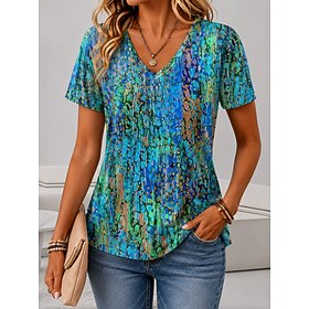 Women's T Shirt Print Floral Graphic Abstract Stylish Classic Casual Short Sleeve V Neck Regular Tops Casual Daily Blue White Yellow Summer Spring