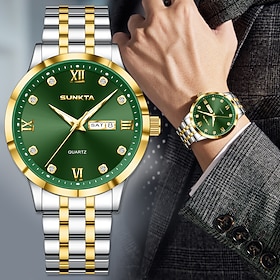 SUNKTA Men's Quartz Watch Stainless Steel Band Stainless Steel Case Waterproof Date Display Calendar Luxury Fashion Business Dress Green Dial Diamond Accent Ro