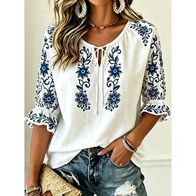Women's Blouse Drawstring Tie Front Print Floral Graphic Vintage Daily Stylish Half Sleeve Crew Neck Regular Tops Casual Daily Blue White Pink Green Summer Spr