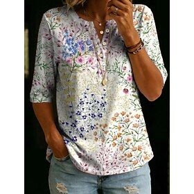 Women's T Shirt Print Floral Graphic Plants Vintage Stylish Classic Half Sleeve Crew Neck Long Tops Casual Daily Weekend White Grass Green Light Green Fuchsia
