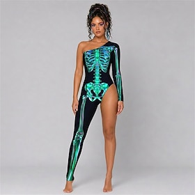 Cosplay Costume Bodysuit Skull Skeleton One Shoulder Asymmetric Design Printing Single Sleeve Punk Gothic Rave Plus Size Women's Costume for Club Music Festiv