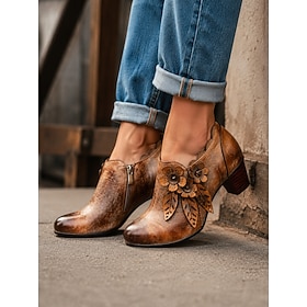 Women's Brown Faux Leather Ankle Boots with Floral Appliqué, Side Zip, Almond Toe and Chunky Block Heel, Vintage Boho Booties for Women's Casual Fall Everyday