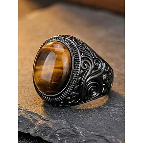 Men's Vintage Tiger Eye Stone Ring, Black Alloy Engraved Band, Bohemian Ethnic Style Statement Ring, Masculine Jewelry for Summer Travel, Casual Festival Wear