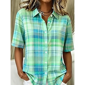 Women's Shirt Graphic Geometric Plaid Vintage Tropical Stylish Short Sleeve Shirt Collar Regular Tops Casual Daily Blue Light Green Purple Summer Spring