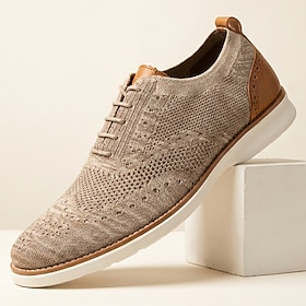 Men's Beige Brogue Knit Sneakers, Lace-Up Casual Dress Walking Shoes, Breathabl…