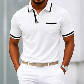Men's Polo Shirts Casual Sports Lapel Short Sleeve Fashion Basic Solid Color Patchwork Front Pocket Summer White Polo Shirts