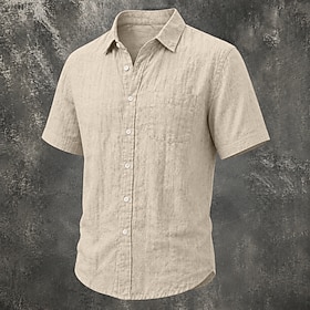 Men Linen Shirt Summer Shirt Beach Wear Button Up Shirt Plain Casual Party Blue Black White Navy Blue Short Sleeve Turndown Summer Clothing Apparel Pocket