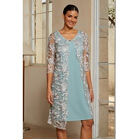 Women's 2-Piece Dress Sets Sheath Column Cocktail Dress Wedding Guest Dress Knee Length V Neck 3/4 Length Sleeve Illusion Sleeve Elegant with Lace Stretch Fabr