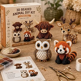 Kit fai da te per creare animali 3D con perline, set da 4 pezzi (mucca delle Highlands, cervo, gufo, panda rosso), kit per lavori creativi con perline