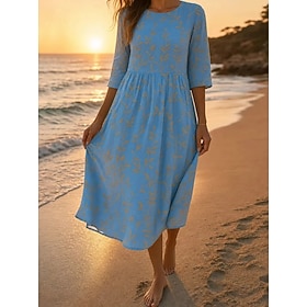 Per donna Abito Midi Abito a Tubino Vestito Estivo Vacanza Casual Spiaggia Uscire Vestibilità regolare Floreale Grafico Manica 3/4 Girocollo Blu Estat