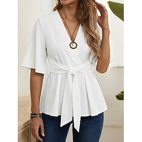 Women's Shirt Tie Front Ruffle Plain Elegant Daily Stylish Half Sleeve Puff Sleeve V Neck Long Tops Casual Outdoor Blue Black White Orange Rose Pink Summer Spr