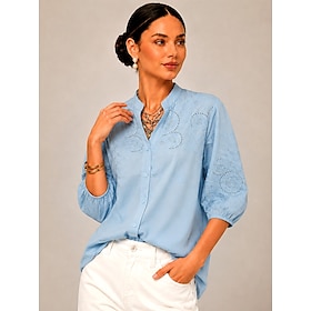 Per donna Camicia Top traforato Camicia Boho Camicia di Pizzo Ricamato Elegante Bohemien Vacanza Manica Lunga Scollo a V Top lunghi Casuale Blu scuro 