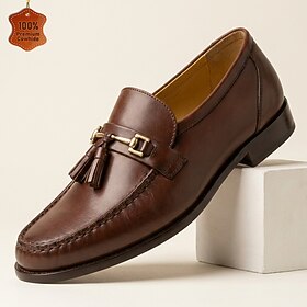 Men's Brown Leather Tassel Loafers, Luxury Slip-On Dress Shoes, Classic Business Casual Style for Office, Wedding  Smart Casual Wear