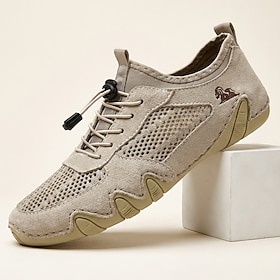 Men's Beige Mesh Hiking Sneakers, Lace-Up Outdoor Trail Shoes, Lightweight Non-…