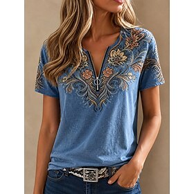 Women's T Shirt Zipper Graphic Geometric Stylish Classic Casual Short Sleeve Crew Neck Regular Tops Casual Daily Going out Blue Pink Green Summer Spring