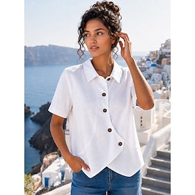 Per donna Camicie di cotone e lino Camicia Boho Camicia casual Tinta unica Elegante Bohemien Vacanza Senza Maniche Top Regolari Casuale Bianco Estate 
