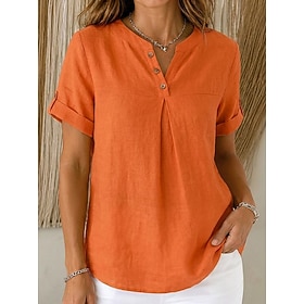 Per donna Camicia Camicie di cotone e lino Arricciato Bottoni Tinta unica Semplice Bohemien Vacanza Vintage Manica Corta Scollo a V Top lunghi Casuale