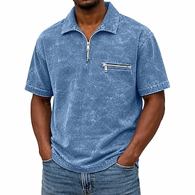 DenimTone™ Men's Acid Wash Shirt Golf Shirt Casual Work Quarter Zip Ribbed Polo Collar Short Sleeve Fashion Basic Solid Color Zipper Buttons Summer Spring  Lig