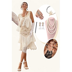Goldene Zwanziger 1920er Midlänge Kleid Flapper Kleid Outfits Ärmellos Der große Gatsby Hochzeitsgast Pailletten Quastenfransen Rundausschnitt Kostüm Damen Wei