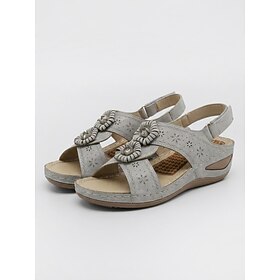 Women's Gray Floral Cutout Wedge Sandals - Comfort Open Toe Sandals With Adjust…