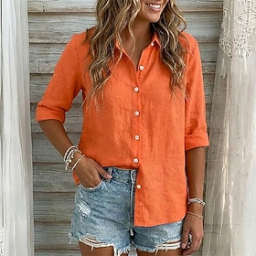 Per donna Camicie di cotone e lino Blusa Bottoni Tinta unica Semplice Vacanza Quotidiano Elegante Manica Lunga Colletto a Camicia Top Regolari Casuale