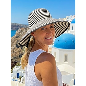 Cappello da sole pieghevole a righe da donna, cappello da spiaggia in poliestere a tesa larga per donna, cappello estivo da viaggio ripiegabile, elega