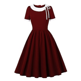 1950s Retro Vintage Rockabilly Midi Tea Length Dress Short Sleeves Solid Color Fit  Flare Round Neck Fancy Dress Women's Music Festival Revival Tea Party Adult