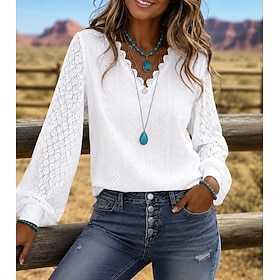 Women's Boho Shirt Lace Shirt Texture Lace Elegant Bohemia Vacation Long Sleeve V Neck Regular Tops Casual White Summer Spring Fall