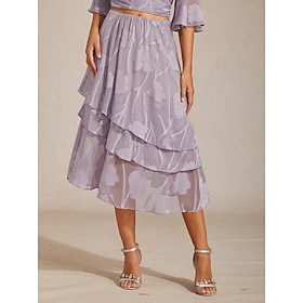 Women's Lace Skirt Elegant Midi Mid Waist Skirts Floral Elastic Waistband Illusion Lace Stretchy Daily Valentine's Day Lilac Summer