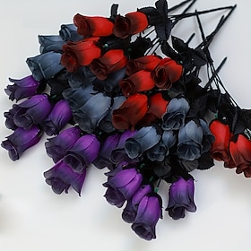 12 PCS Gothic Artificial Rose Bouquets, 5 Head Deep Purple and Deep Red Fake Roses, Realistic Faux Floral Arrangements for Halloween Decorations, Gothic Home D