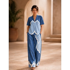 Women's Shirt Cotton Linen Sets Pants Sets Short Sleeve V Neck Floral Graphic Geometric Print Vacation Fashion Streetwear Casual Daily Outdoor Blue White Black