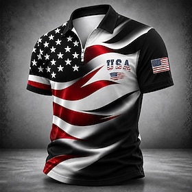 2026 250th Men's American US Flag Zip Polo Shirts Short Sleeve Polo Shirts Collared Shirts Casual Outdoor Athleisure 3D Print Quarter Zip Polo Spring Summer B