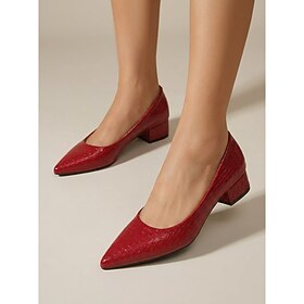Women's Comfortable Red Croc Pumps - Retro Pointed Toe Mid Block Heels Leather Dress Shoes for Office Work  Business Casual